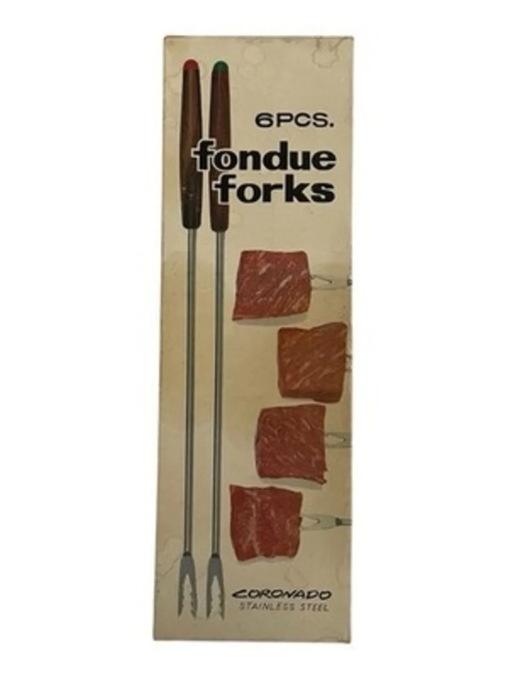 Vintage Coronado Fondue Forks 6pc Set Stainless Steel Color Tip in Box VG Retro